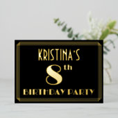 8th Birthday Party:アールデコ「8」、名前つき 箔招待状 (立ち正面)