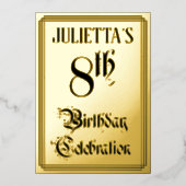 8th Birthday Party – スクリプエレガントト+名前をカスタムする 箔招待状 (正面)