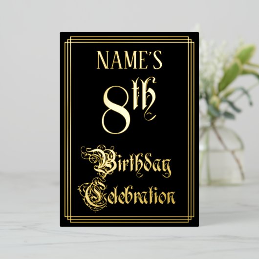 8th Birthday Party – スクリプファンシートと名前をカスタムする 箔招待状 (立ち正面)