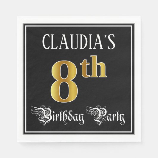8th Birthday Party – スクリプファンシート、フェイク金ゴールド・ルック スタンダードランチョンナプキン (正面)