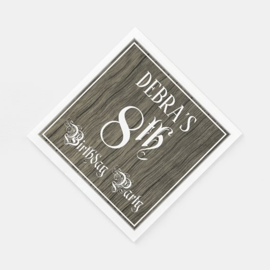 8th Birthday Party — ファンシー Script, フェイク Wood Look スタンダードランチョンナプキン (角)