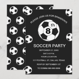 8th Birthday Party Soccer Black Boys Sports 招待状