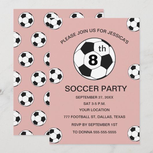 8th Birthday Party Soccer Pink Girls Sports 招待状 (正面/裏面)