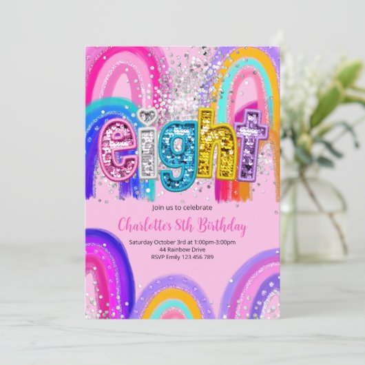 8th Birthday Sequin Rainbow Party Invitation 招待状 (スタンド正面)