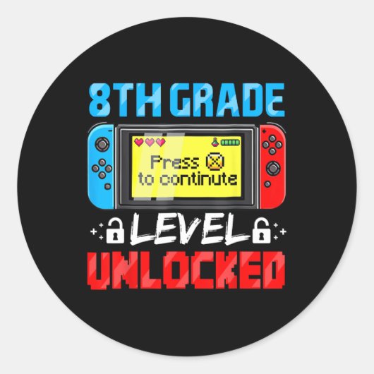 8th Grade Level Unlocked Gamer First Day Of School ラウンドシール (正面)
