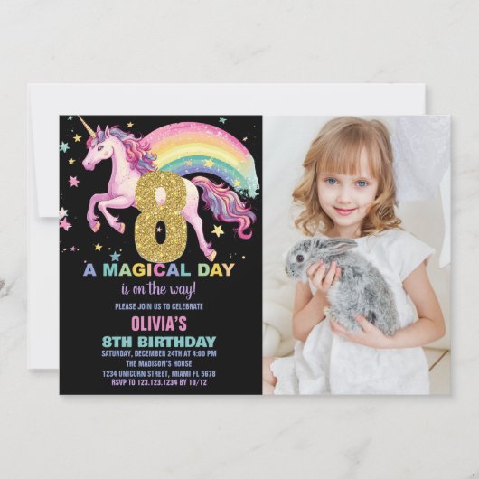 8th Unicorn誕生日招待状ブラック（写真付） 招待状 (正面)