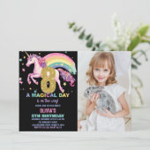 8th Unicorn誕生日招待状ブラック（写真付） 招待状 (スタンド正面)
