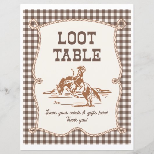 8x10 Brown Gingham Cowboy Loot Table Sign (正面)