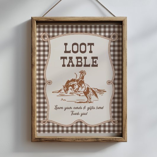 8x10 Brown Gingham Cowboy Loot Table Sign