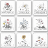 9つのカスタムゲストリスト名 かわいい美しい花 シール (正面)