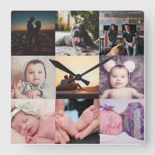 9つのフォトコラージュテンプレート スクエア壁時計