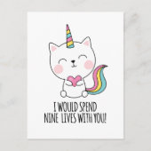 9つの命を持つ猫のユニコーン 可愛いバレンタインデー シーズンポストカード (正面)