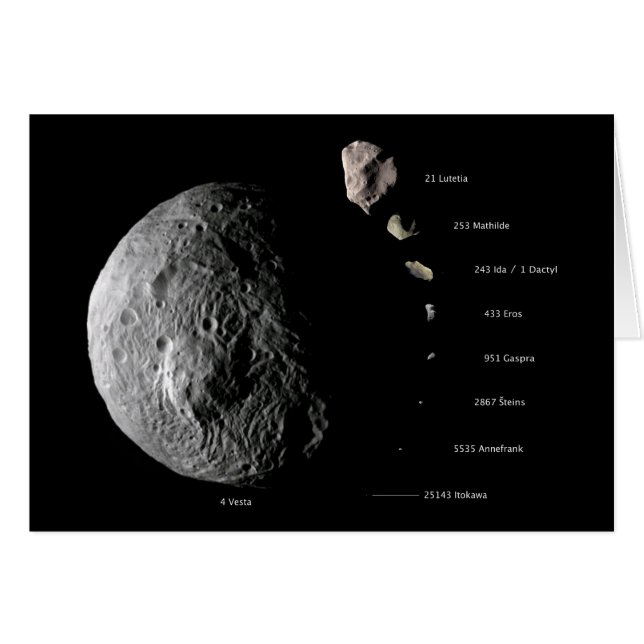 9つの小惑星の比較サイズの図表 (正面横)