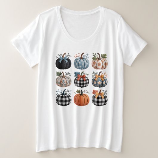 9つの装飾的なカボチャの刺繍Tシャツ プラスサイズTシャツ (デザイン正面)