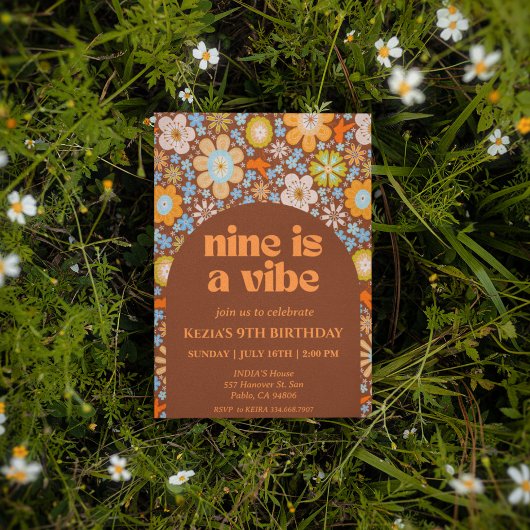 9はVibeレトロGroovy花9誕生日 招待状