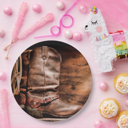 9インチラウンド紙プレートカウボーイブーツバーンウッド素朴 ペーパープレート (パーティー)