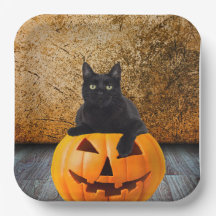 9インチ紙プレート、ハロウィーンブラックキャットOn Pumpkin