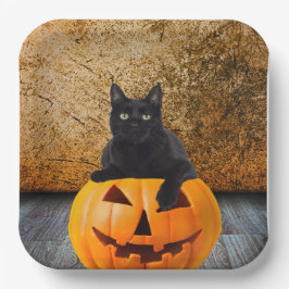 9インチ紙プレート、ハロウィーンブラックキャットOn Pumpkin ペーパープレート
