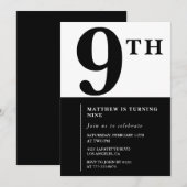 9エレガントth birthday invitationブラックシックモダン 招待状 (正面/裏面)