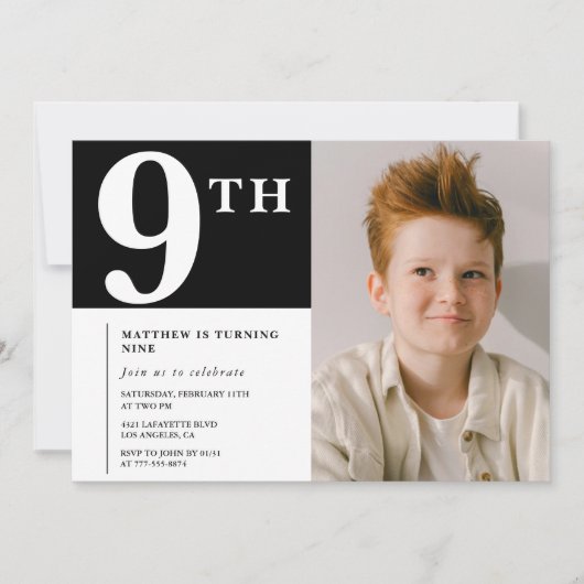 9エレガントth birthday invitationブラックボーイフォト 招待状 (正面)