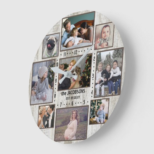 9ファミリーフォトコラージファームハウスウッド名前をカスタムする ラージ壁時計 (傾斜)