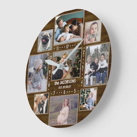 9ファミリーフォトコラージュ名前をカスタムするファームハウスウッド ラージ壁時計 (傾斜)