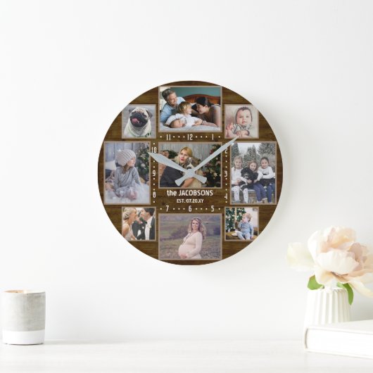 9ファミリーフォトコラージュ名前をカスタムするファームハウスウッド ラージ壁時計 (ホーム)