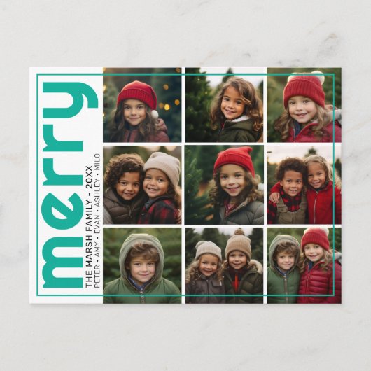 9フォトオフセットはっきりした- メリー – クリスマスティール（緑がかった色）- シーズンポストカード (正面)