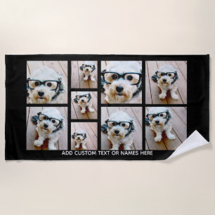 9フォトコラージュのミニマル – 白黒グリッド ビーチタオル