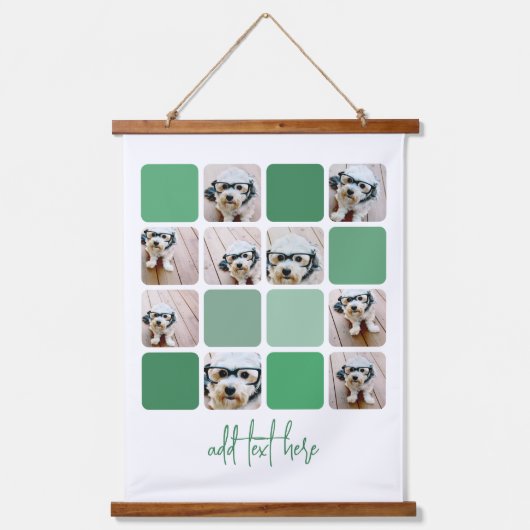 9フォトコラージュ – ソフトグリーンカラー – スクリプト文字 吊り下げ型タペストリー (正面)