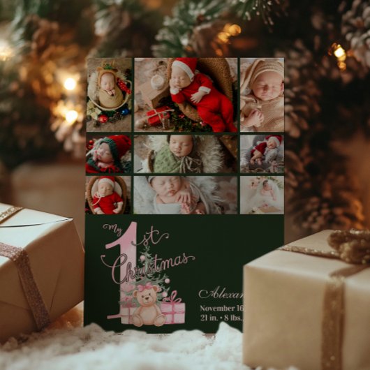 9フォトピンクグリーンベビー初めてのクリスマス シーズンカード