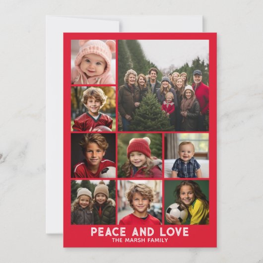 9フォトレトロストライプクリスマスレッド平和と愛 シーズンカード (正面)