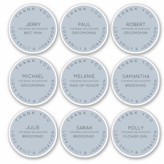 9個の名前ありがとうブライダルパーティ青 シール (正面)