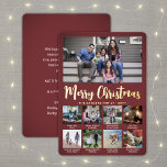 9写真Burgundy Merry Christmas モダン Collage 箔シーズンカード<br><div class="desc">楽しいスタイリッシュ挨拶と写真の共有9をお気に入りの金ゴールドフォイルのバカスタムルガンディとフォイルのホリデーカードと一緒に送信する。このテンプレート上のすべての文字はカスタマイズシンプル、Merry Christmas、Happy Holiday、季節のごあいさつ、新年の応援など任意の文言を含む簡単である（画像の配置のヒント：写真を正確に中央に配置する方法は、Zazzleウェブサイトにアップロードする前にそれをトリミングする）。 カードの前面にはダーク実在レッドの背景に金属製の金ゴールド箔が印刷されグラデーションている。ミニマモダンリストデザインには、トレンディー手書きスタイル台本の書シンプル跡、背面のタイポグラフィメッセージ、およびキャプション付きユニーク9つの正方形の画像のフォトグリッドも含まれる。家族や友人は、このカードをエレガント表示すカスタマイズるのが好き。</div>