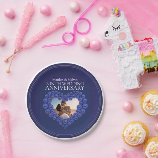 9周年記念結婚ビーズハートラピスラズリ ペーパープレート (パーティー)