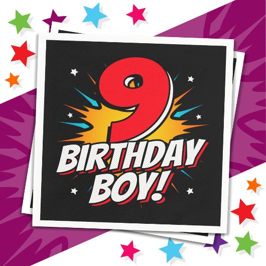 9年オールドスーパーヒーロー誕生日ボーイ9誕生日 スタンダードカクテルナプキン