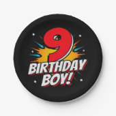 9年オールドスーパーヒーロー誕生日ボーイ9誕生日 ペーパープレート (正面)