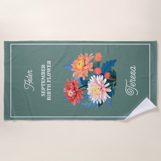 9月誕生フラワー名前をカスタムする ビーチタオル (正面)
