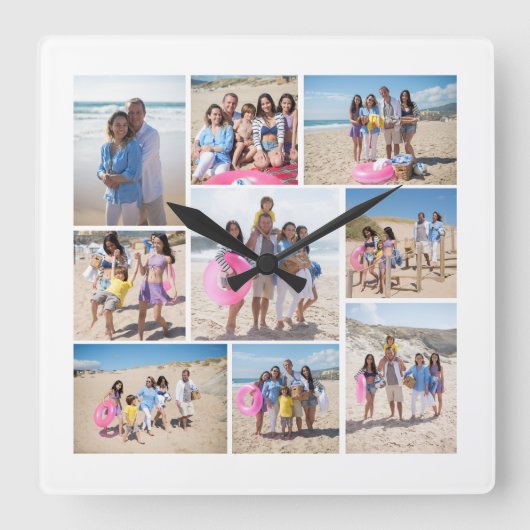 9枚のフォトコラージュを作成パーソナライズされた スクエア壁時計 (正面)