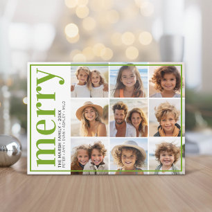 9枚の写真オフセット - 太字でMerry - グリーン -  シーズンカード
