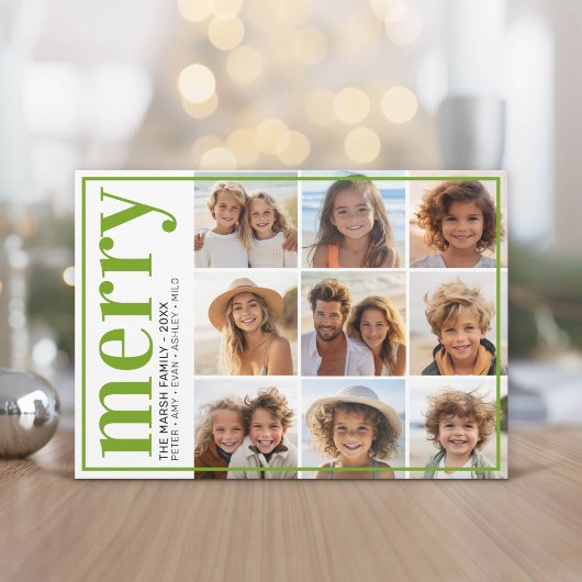 9枚の写真オフセット - 太字でMerry - グリーン -  シーズンカード