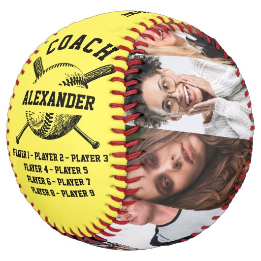 9枚の写真パーソナライズされたとプレイヤーの名前を持つコーチ ソフトボール (アングル)