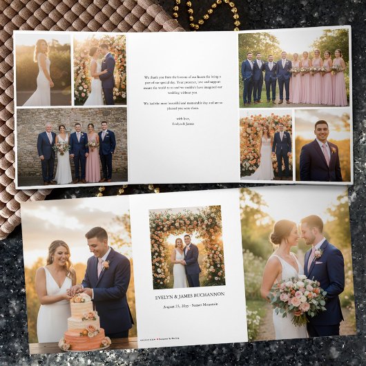 9枚の結婚式の写真とエレガントな感謝の気持ち 三つ折りカード