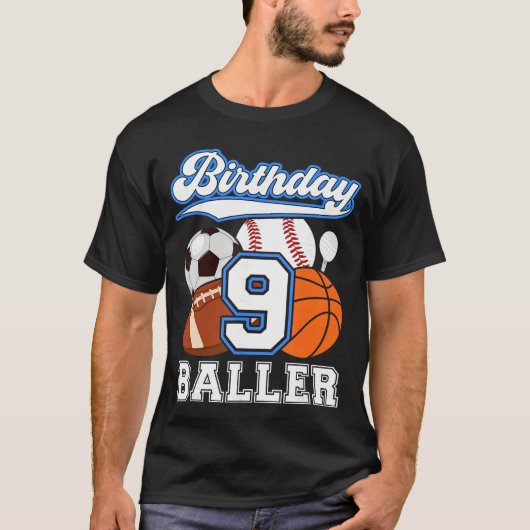 9歳のスポーツ誕生日パーティー 9歳の男の子の誕生日 Tシャツ (正面)