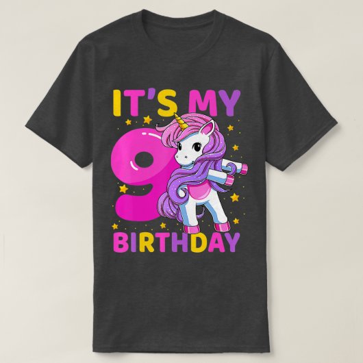 9歳のユニコーン浮き9th誕生日パーティーGi Tシャツ (デザイン正面)