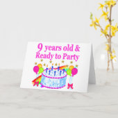 9歳の古い準備ができてパーティーお誕生日ケーキデザイン カード (黄色い花)