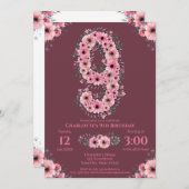 9歳の大きな誕生日ガール ピンクの花 緑の葉 招待状 (正面/裏面)