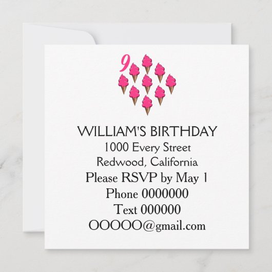 9歳の女の子誕生日かわいいピンクのアイスクリーム 招待状 (裏面)