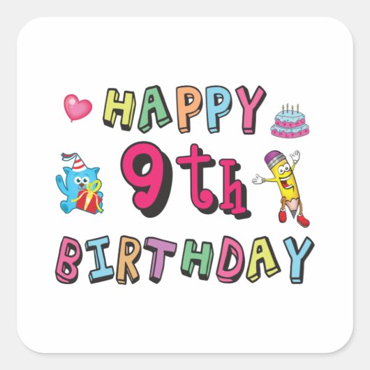 9歳の子供B日のための幸せな9誕生日 スクエアシール (正面)