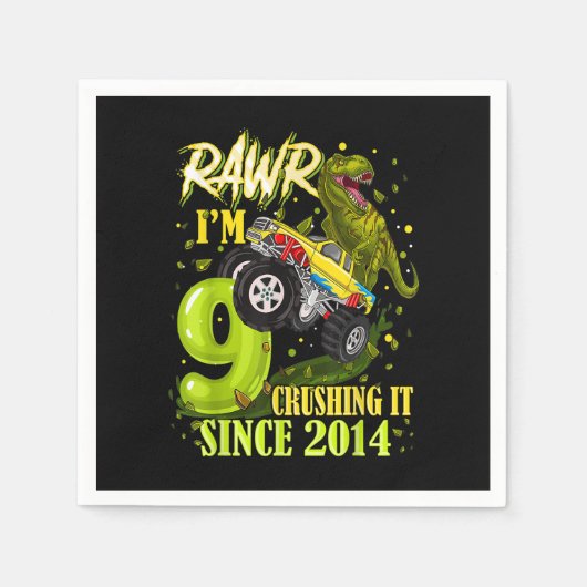 9歳の恐竜トレックスのモンスタートラック9番目の誕生日 スタンダードカクテルナプキン (正面)